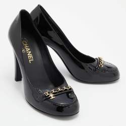 Chanel Black Patent Leather Chain Detail Cap Toe Pumps Size 39