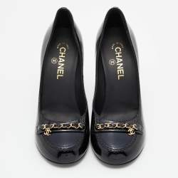 Chanel Black Patent Leather Chain Detail Cap Toe Pumps Size 39