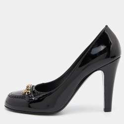 Chanel Black Patent Leather Chain Detail Cap Toe Pumps Size 39