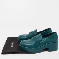 Pre Owned Chanel Dark Green Leather CC Platform Loafers Size 39