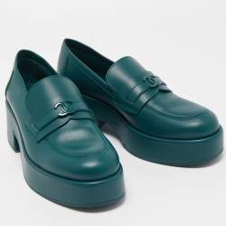 Pre Owned Chanel Dark Green Leather CC Platform Loafers Size 39