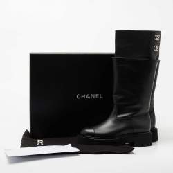 Chanel Black Leather CC Crystal Embellished Knee Length Boots Size 38