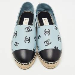 Pre Owned Chanel Blue/Black Leather  Interlocking CC Logo Espadrilles Size 37