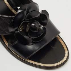 Chanel Black Leather Flower Embellished Slide Sandals Size 37