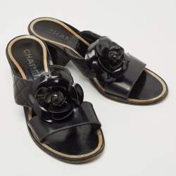 Chanel Black Leather Flower Embellished Slide Sandals Size 37