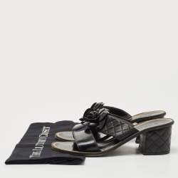 Chanel Black Leather Flower Embellished Slide Sandals Size 37