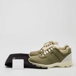 Pre Owned Chanel Army Green/White Canvas and Leather CC Low Top Sneakers Size 36.5