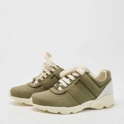 Pre Owned Chanel Army Green/White Canvas and Leather CC Low Top Sneakers Size 36.5