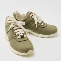 Pre Owned Chanel Army Green/White Canvas and Leather CC Low Top Sneakers Size 36.5