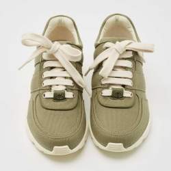 Pre Owned Chanel Army Green/White Canvas and Leather CC Low Top Sneakers Size 36.5