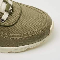 Pre Owned Chanel Army Green/White Canvas and Leather CC Low Top Sneakers Size 36.5