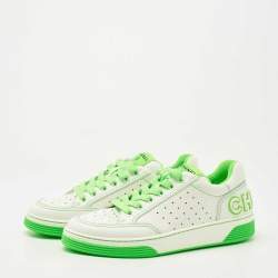Chanel White/Green Leather Logo Sneakers Size 38.5