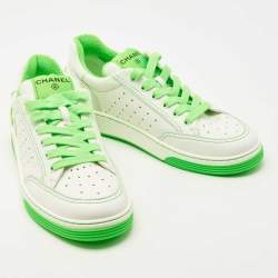 Chanel White/Green Leather Logo Sneakers Size 38.5