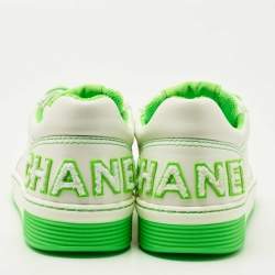 Chanel White/Green Leather Logo Sneakers Size 38.5