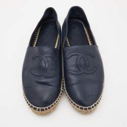 Chanel Navy Blue Leather CC Espadrille Flats Size 40