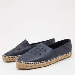 Chanel Navy Blue Leather CC Espadrille Flats Size 40
