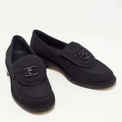Chanel Black Canvas Quilted CC Slip On Loafers Size 38