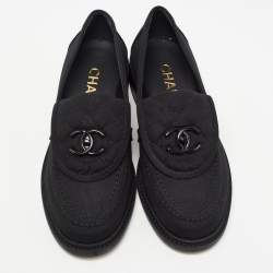 Chanel Black Canvas Quilted CC Slip On Loafers Size 38