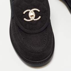 Pre Owned Chanel Black Fabric Quilted CC Crystal Embellished Slip On Loafers Size 38