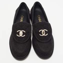 Pre Owned Chanel Black Fabric Quilted CC Crystal Embellished Slip On Loafers Size 38