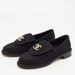Pre Owned Chanel Black Fabric Quilted CC Crystal Embellished Slip On Loafers Size 38
