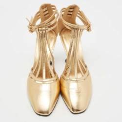 Pre Owned Chanel Gold Leather Strappy Pumps Size 38