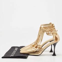 Pre Owned Chanel Gold Leather Strappy Pumps Size 38