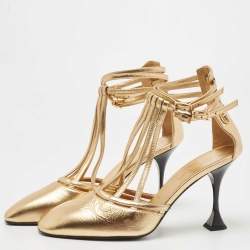 Pre Owned Chanel Gold Leather Strappy Pumps Size 38