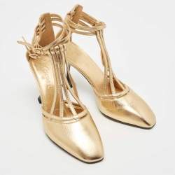 Pre Owned Chanel Gold Leather Strappy Pumps Size 38