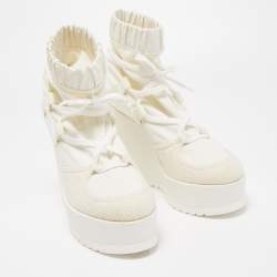 Chanel Off White Patent Leather and Neoprene CC Lace Up Wedge Boots Size 38