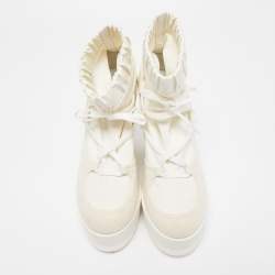 Chanel Off White Patent Leather and Neoprene CC Lace Up Wedge Boots Size 38