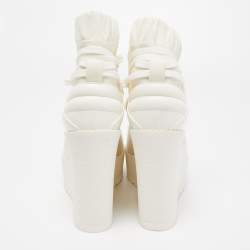 Chanel Off White Patent Leather and Neoprene CC Lace Up Wedge Boots Size 38