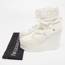 Chanel Off White Patent Leather and Neoprene CC Lace Up Wedge Boots Size 38