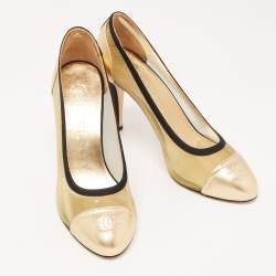 Pre Owned Chanel Gold/Black Leather And Mesh CC Cap Toe Pumps Size 40