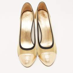 Pre Owned Chanel Gold/Black Leather And Mesh CC Cap Toe Pumps Size 40