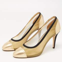 Pre Owned Chanel Gold/Black Leather And Mesh CC Cap Toe Pumps Size 40