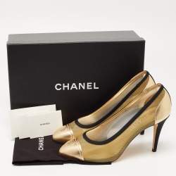 Pre Owned Chanel Gold/Black Leather And Mesh CC Cap Toe Pumps Size 40