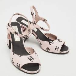 Chanel Pink/Black CC Print Leather Ankle Strap Sandals Size 37