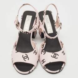 Chanel Pink/Black CC Print Leather Ankle Strap Sandals Size 37