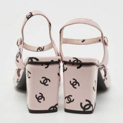 Chanel Pink/Black CC Print Leather Ankle Strap Sandals Size 37