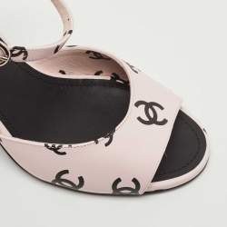 Chanel Pink/Black CC Print Leather Ankle Strap Sandals Size 37