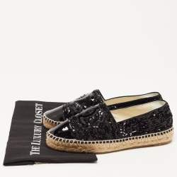 Chanel Black Patent And Sequin CC Cap Toe Espadrille Flats Size 39
