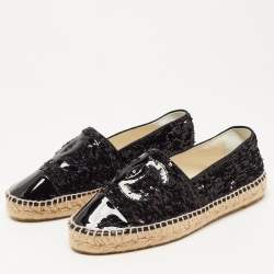Chanel Black Patent And Sequin CC Cap Toe Espadrille Flats Size 39
