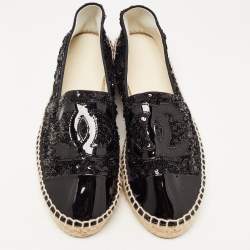 Chanel Black Patent And Sequin CC Cap Toe Espadrille Flats Size 39