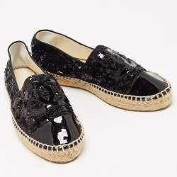 Chanel Black Patent And Sequin CC Cap Toe Espadrille Flats Size 39