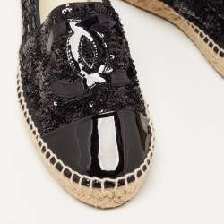 Chanel Black Patent And Sequin CC Cap Toe Espadrille Flats Size 39