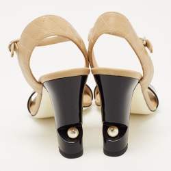 Pre Owned Chanel Beige/Black Leather Ankle Strap Sandals Size 35