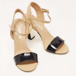 Pre Owned Chanel Beige/Black Leather Ankle Strap Sandals Size 35