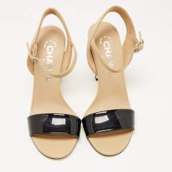 Pre Owned Chanel Beige/Black Leather Ankle Strap Sandals Size 35