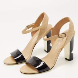 Pre Owned Chanel Beige/Black Leather Ankle Strap Sandals Size 35